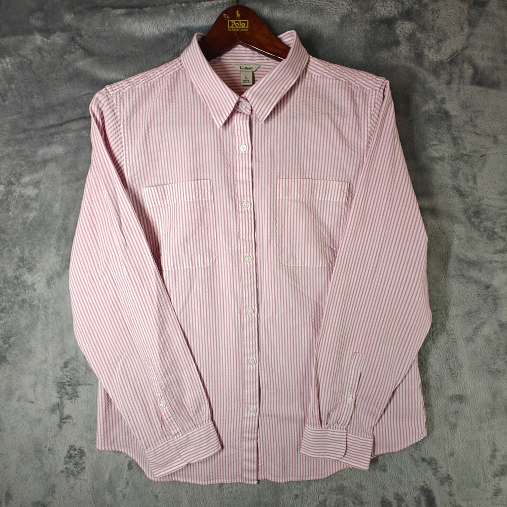 L.L. Bean Button Down Shirt Womens L Pink Seersucker Stripe Long Sleeve Cotton